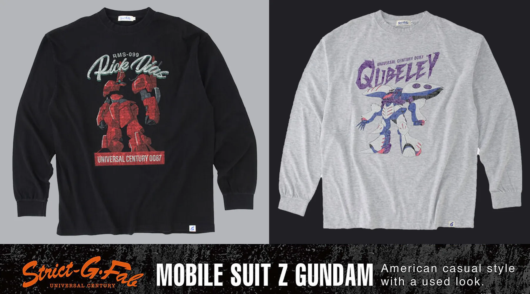 STRICT-G Fabの『機動戦士Ζガンダム』ユーズドスタイル ロングスリーブTシャツが登場。Ζガンダムだけでなく、リック・ディアス（クワトロ・バジーナ機）とキュベレイもラインナップ